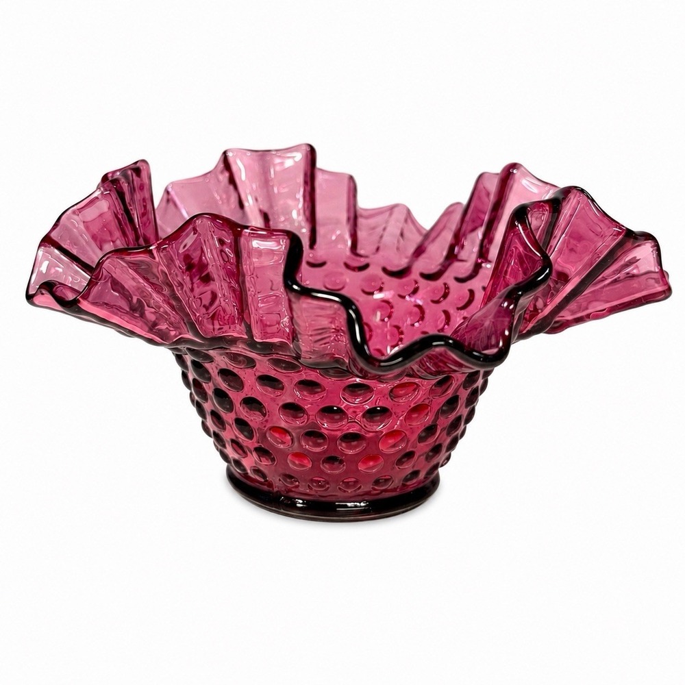 Vintage Kanawha Cranberry Hobnail Glass Ruffled Bowl 3.34" x 6.75" MCM 1971
